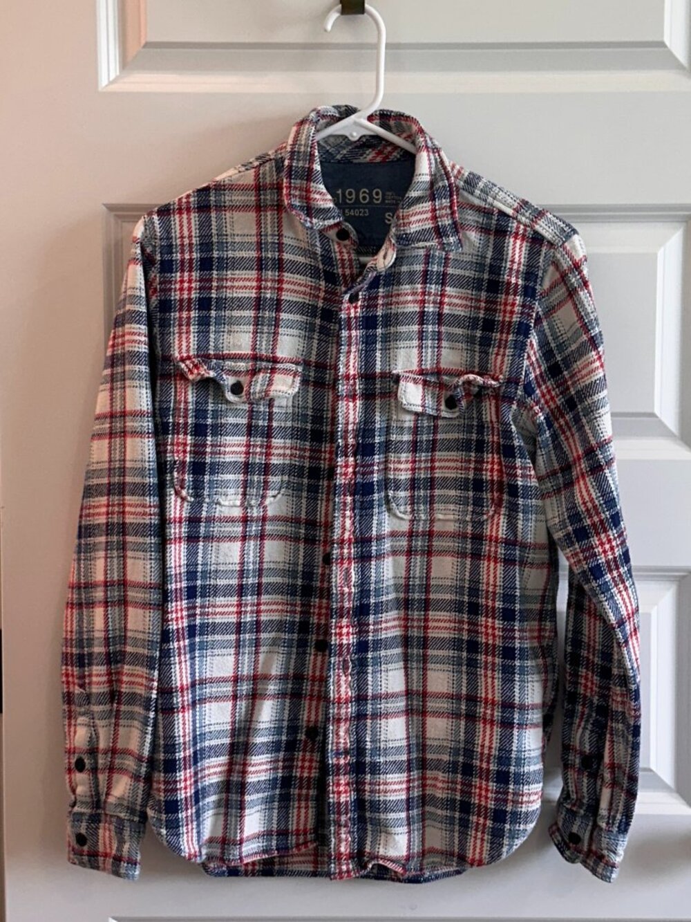Gap 1969 Flannel Lumberjack Leroy Plaid Shirt Shacket Red, white, blue sz S